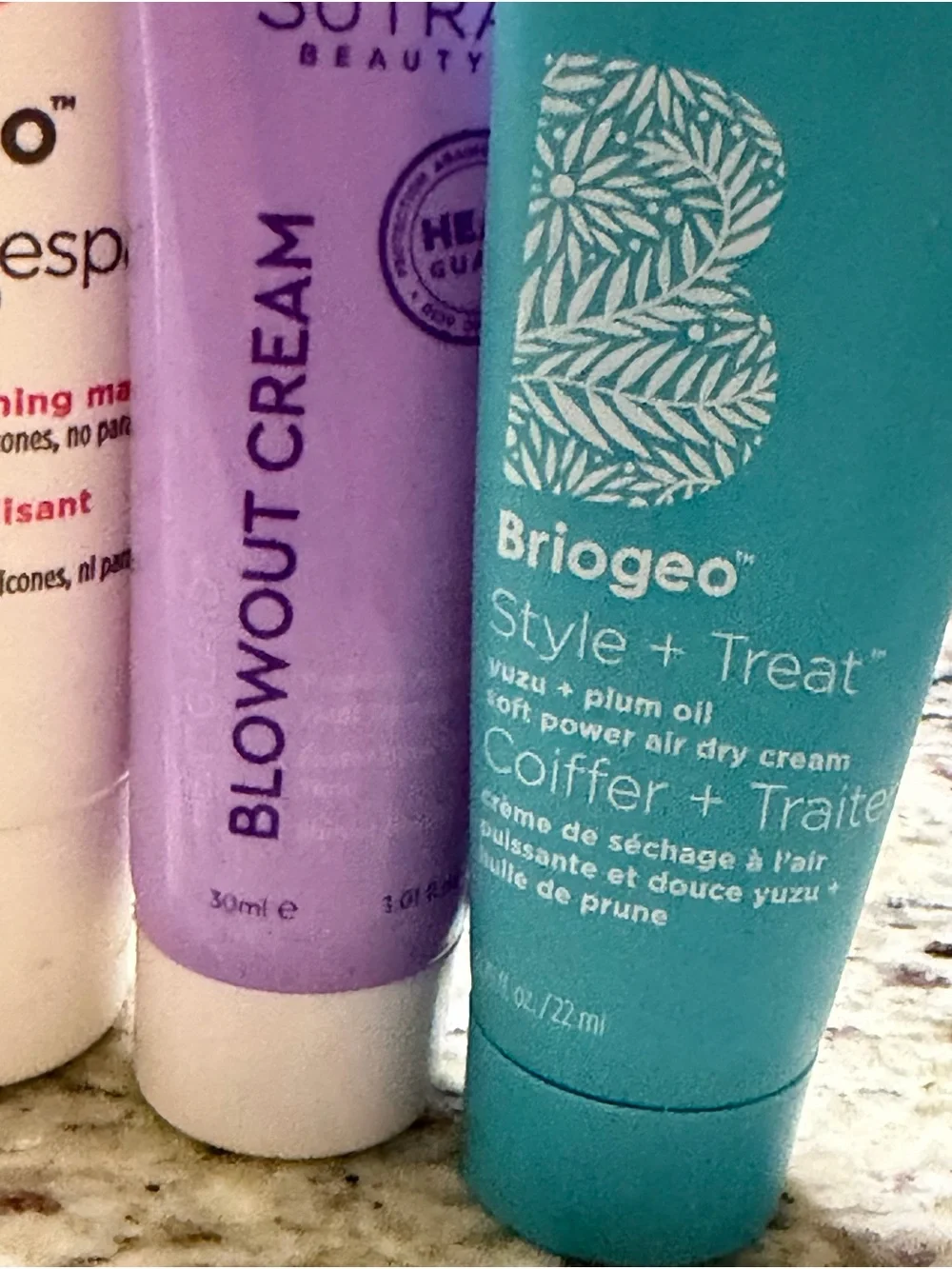 Set of 3 Style + Treat Travel-Size Tubes of hair care. 2 Briogeo and 1 Sutra